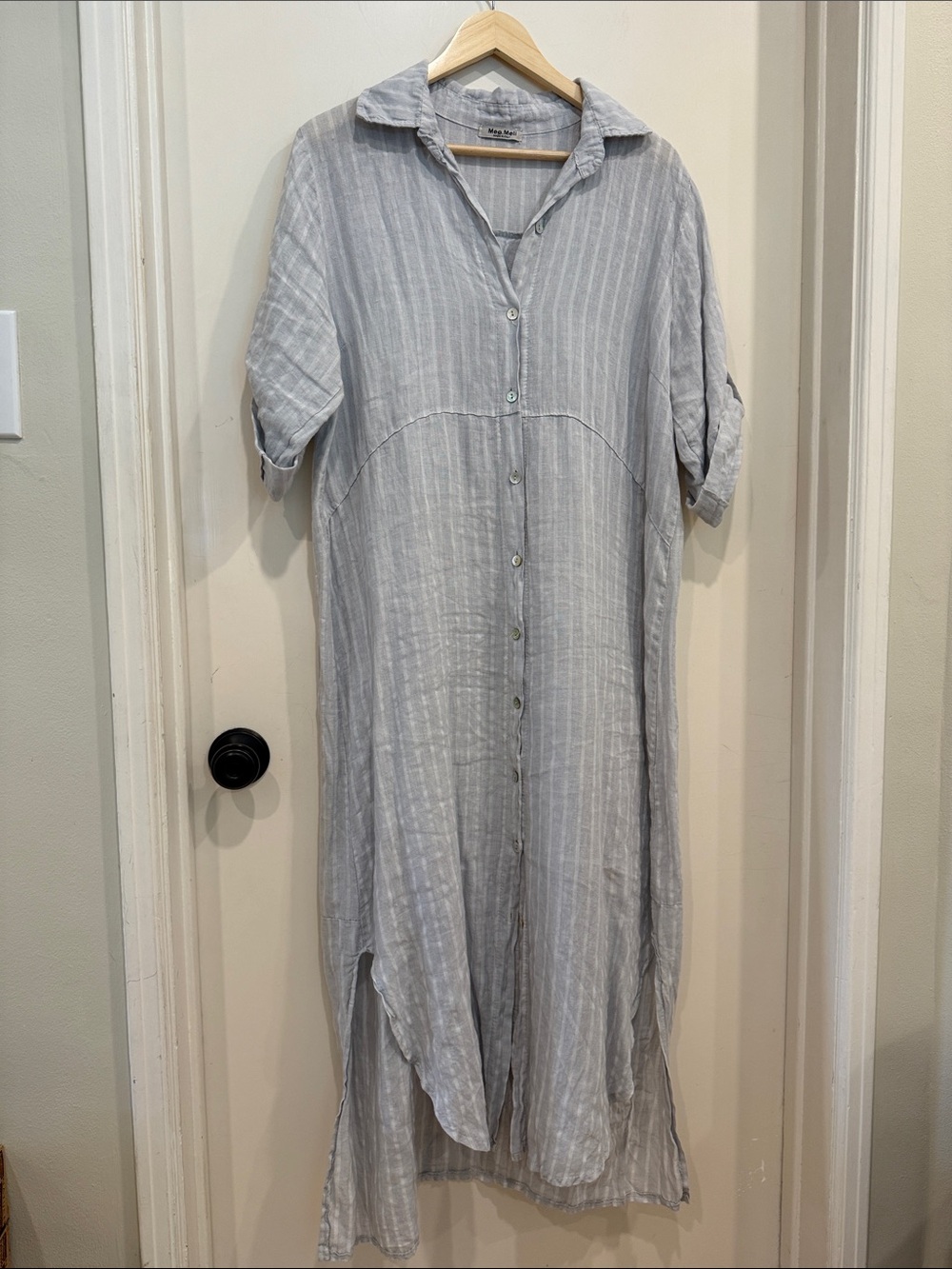 MEO MELI Italian Linen Shirtdress in Light Gray & White Stripes O/S